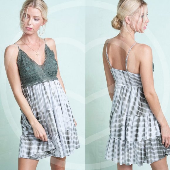 boho Tie Dye crochet ruffle cami mini dress olive - Picture 2 of 3